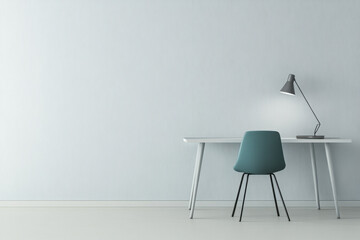 Minimalist workspace with a desk, chair, and lamp against a simple light-colored wall