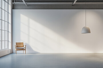 A minimalist interior featuring a wooden chair and pendant light in a spacious, sunlit room