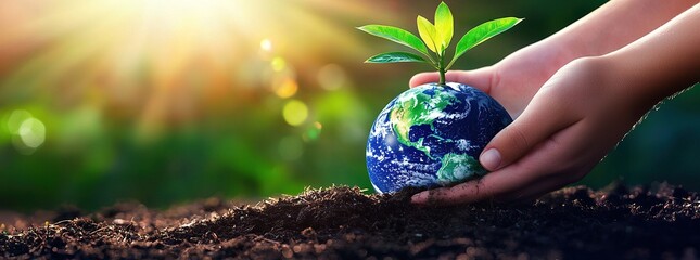 Hands gently hold a miniature Earth globe, planted in soil, with a green plant sprouting from the top. The image symbolizes sustainability, growth, and care for the planet.
