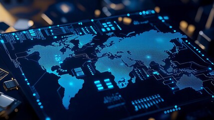 A high-tech digital world map displayed on a circuit board, showcasing global connectivity and innovation.