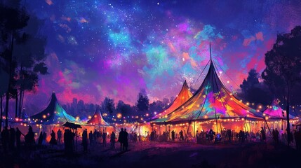 A magical night scene of a festive celebration with colorful tents and twinkling lights under a vibrant starry sky.