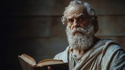 A thoughtful individual is absorbed in reading a book by Socrates, seated quietly in a softly illuminated room. They contemplate timeless philosophical ideas