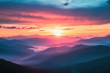 Obraz premium A mesmerizing sunrise over a mountain range, with vibrant, colorful clouds reflecting the light, creating a breathtaking and serene landscape, capturing the beauty of nature in a tranquil setting.