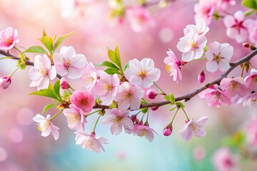 Intricate cherry blossom branch with delicate petals and green leaves, cherry blossoms, pastel colors, trees, flowers, spring