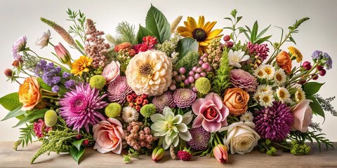 intricate floral arrangement with various flower types and foliage, greenery, flowers, ornate details, mixed blooms, vintage inspired
