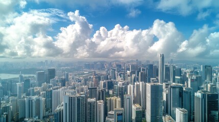 A panoramic view of a bustling city with skyscrapers reaching towards the sky, framed by fluffy white clouds, capturing the energy and dynamism of urban life under a bright, clear day.