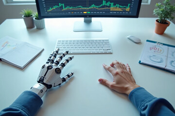 The future of work - Human and AI robot in collaboration, data analysis , statistic, interpretation