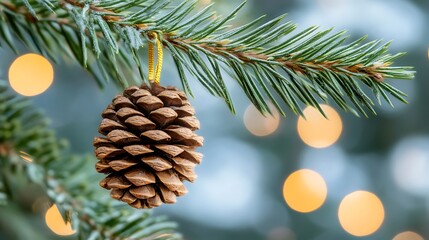 A pine cone hanging from a Christmas tree branch with a blurry background of Christmas lights
