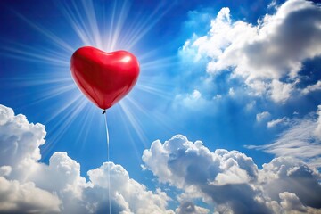 Heart-shaped balloon floating in mid-air against a bright blue sky with fluffy white clouds and sunbeams, happy, romance