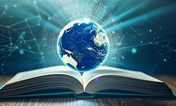 An open book with glowing digital globe icon on dark blue background, symbolizing global knowledge and technology education. The concept of online educational platform for students to learn 