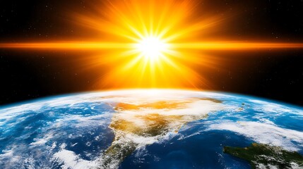 Sunrise over Earth, a breathtaking view of the planet from space with the sun rising over the horizon, perfect for illustrating the beauty and fragility of our planet