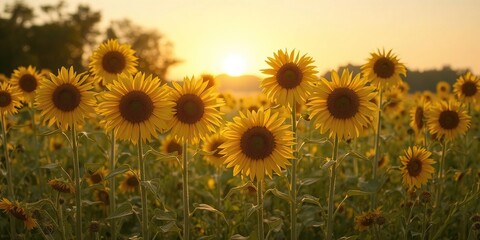 Obraz premium Golden sunflowers in full bloom stand tall in a sunlit meadow as the sun sets, creating a warm, golden glow over the field, nature, sunlit