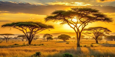 Golden light filtering through acacia trees on a savanna at sunset, natural scenery, African landscapes