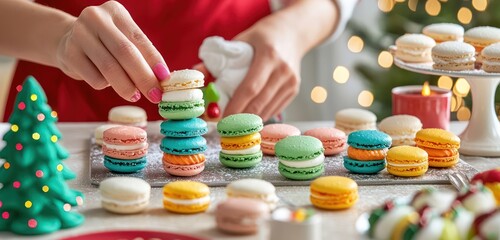 A kitchen island full of colorful holiday macarons is being assembled. Showing the intricate process of piping filling and sandwiching the cookies together. 