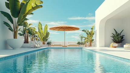 Fototapeta premium Relaxing at a Private Pool by the Beach in a Luxurious Hotel or Vacation Home, Perfect for a Calm and Rejuvenating Getaway