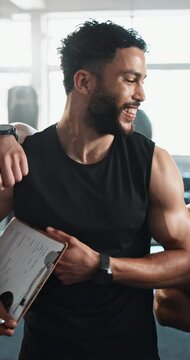 Gym, man and clipboard portrait with join, membership and come here gesture for sign up. Personal trainer, paperwork and exercise with coach, smile and customer information document at health club