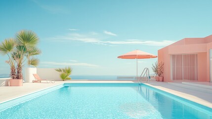 Fototapeta premium Relaxing at a Private Pool by the Beach in a Luxurious Hotel or Vacation Home, Perfect for a Calm and Rejuvenating Getaway