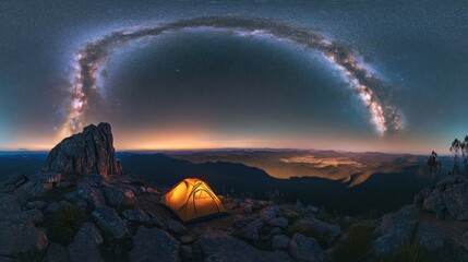 A single tent sits illuminated on a rocky mountaintop under a stunning night sky with the Milky Way stretching across the horizon.