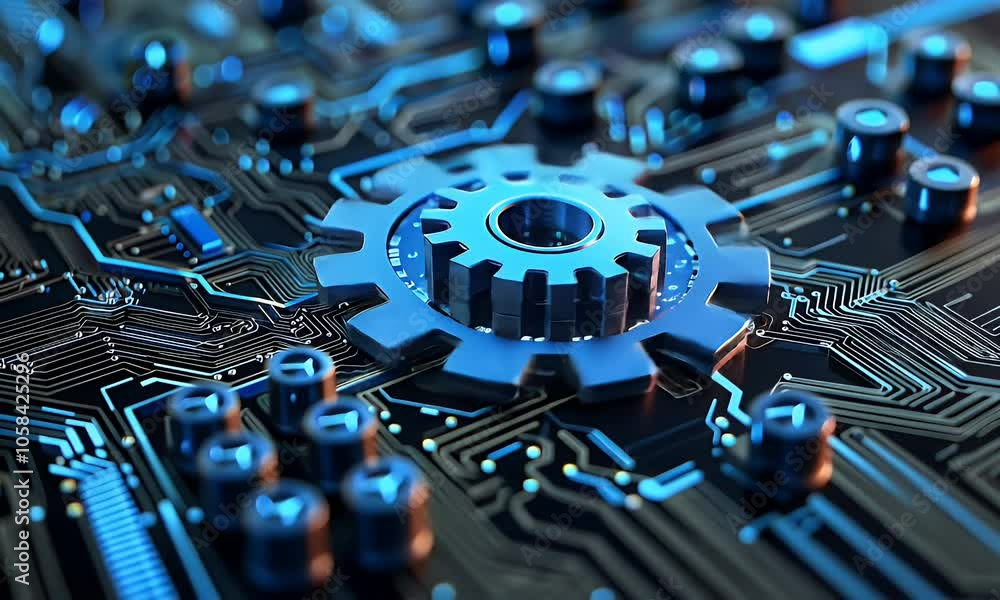 Aufkleber blue gear icon on circuit board background, digital technology concept with gears and circuits for c