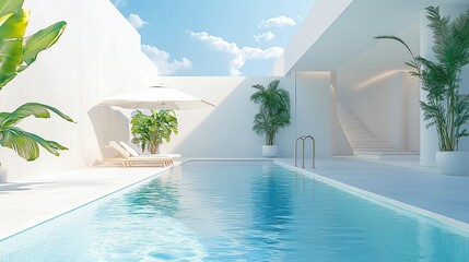 Fototapeta premium Relaxing at a Private Pool by the Beach in a Luxurious Hotel or Vacation Home, Perfect for a Calm and Rejuvenating Getaway