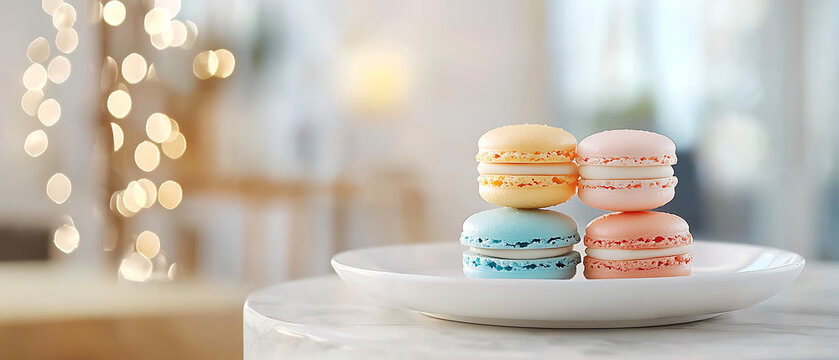Delicate macarons elegantly arranged on a porcelain plate with soft background bokeh highlights for a refined dessert experience