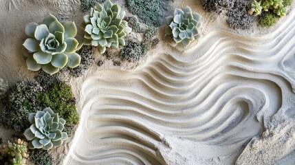 Artful dry tray garden close-up with detailed sand patterns and succulents, giving a calming zen garden feel