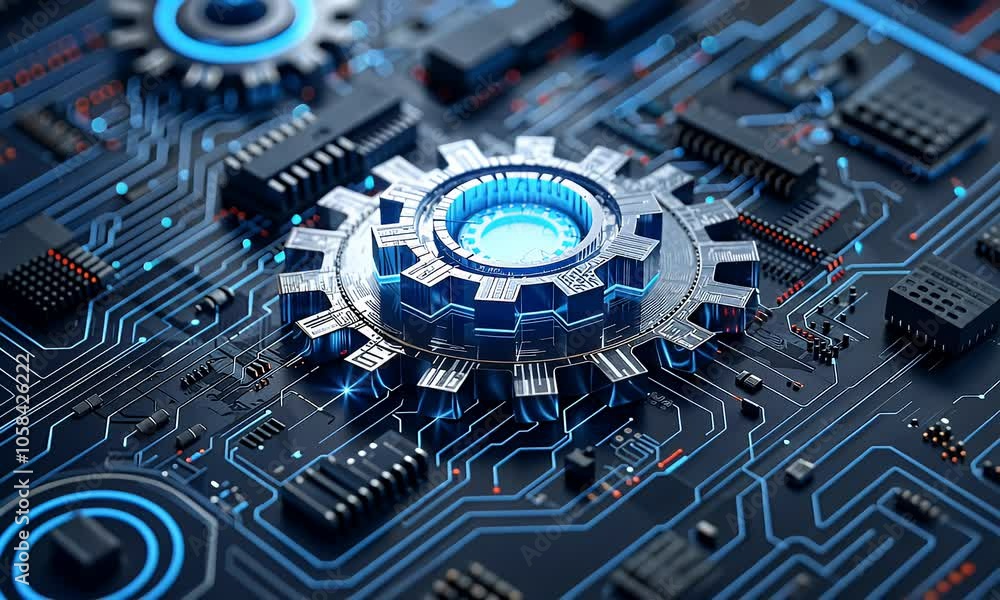 Aufkleber blue gear icon on circuit board background, digital technology concept with gears and circuits for c