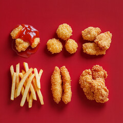 french fries, nuggets and fried chicken wings, top view, katchup sauce, minimal, delicious and tempting, fried food, red empty background.