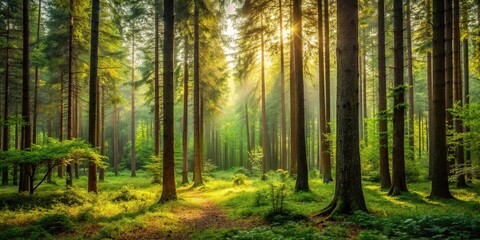 Obraz premium Earthy forest landscape with tall trees and dense foliage, scenery, undergrowth