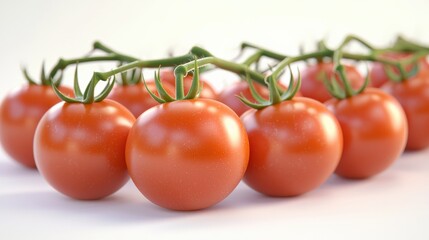A vibrant close-up of ripe red tomatoes on the vine, showcasing freshness and natural beauty on a white background.