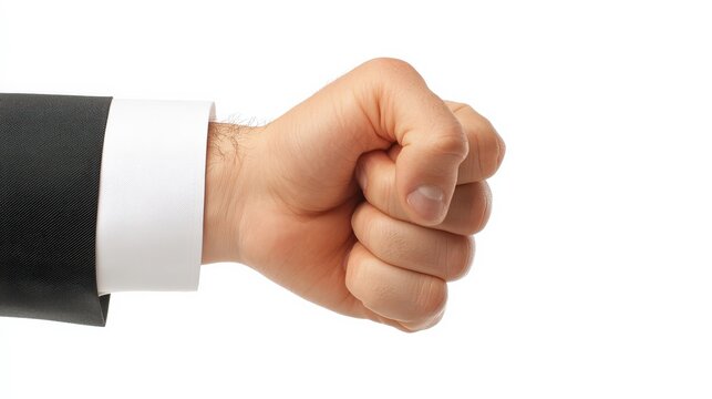 Close-up of a clenched fist in a business suit, symbolizing strength, determination, and power in a professional setting.