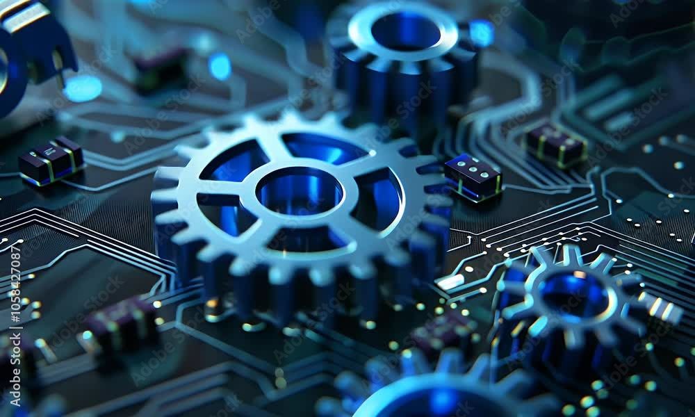 Aufkleber blue gear icon on circuit board background, digital technology concept with gears and circuits for c