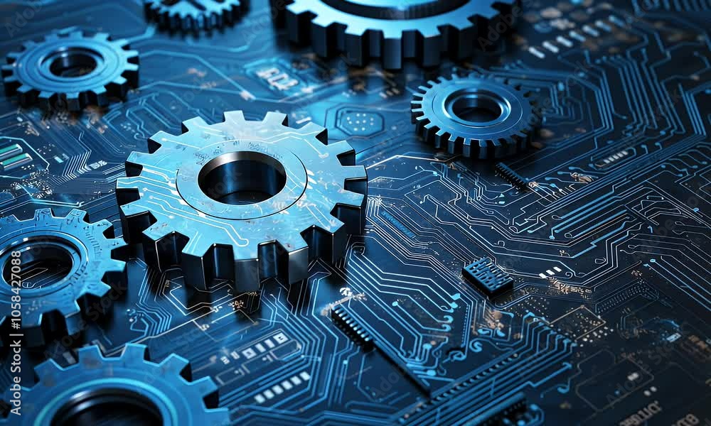 Poster blue gear icon on circuit board background, digital technology concept with gears and circuits for c