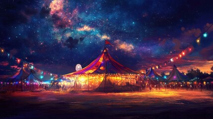 A vibrant circus tent with colorful lights and a starry night sky above, showcasing the magic of the night and the joy of entertainment.