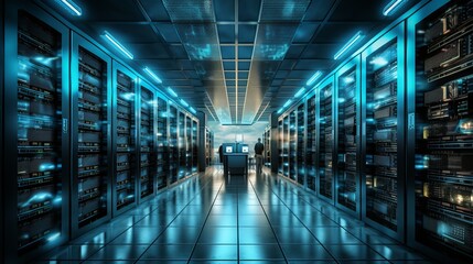 High-tech data center with glowing server racks in a modern facility at night