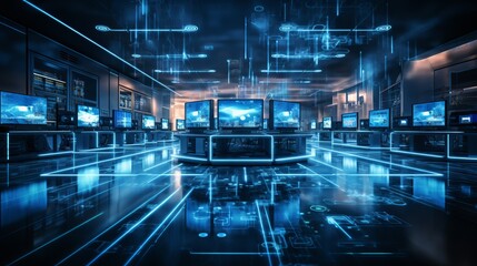 High-tech computer lab with multiple screens and digital displays at night