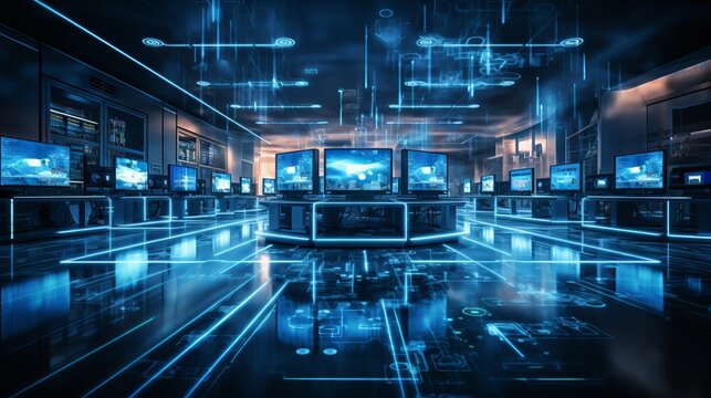 High-tech computer lab with multiple screens and digital displays at night