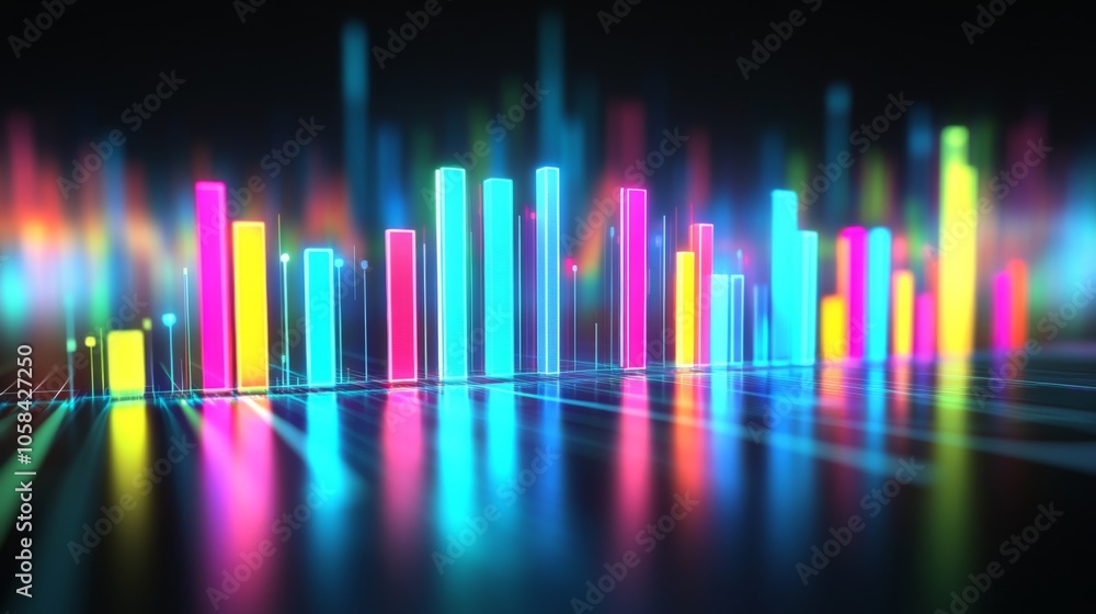 Poster colorful data visualization with glowing bars and lines