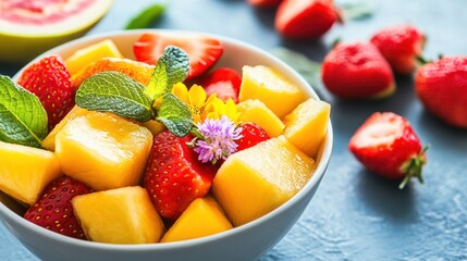 A colorful bowl of mixed fruit, featuring strawberries and mango, garnished with mint.