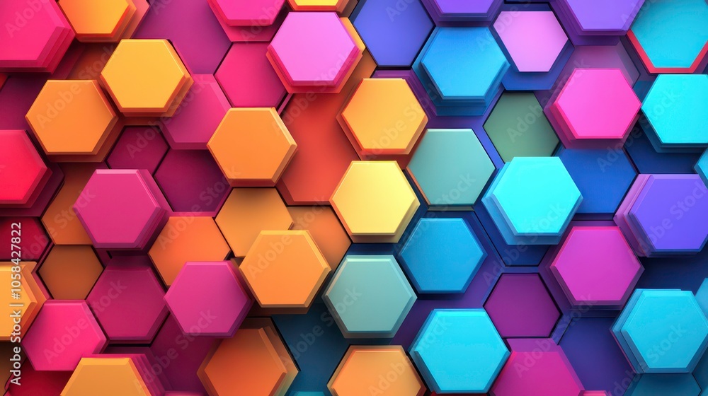 Poster A colorful arrangement of hexagonal shapes creating a vibrant geometric pattern.