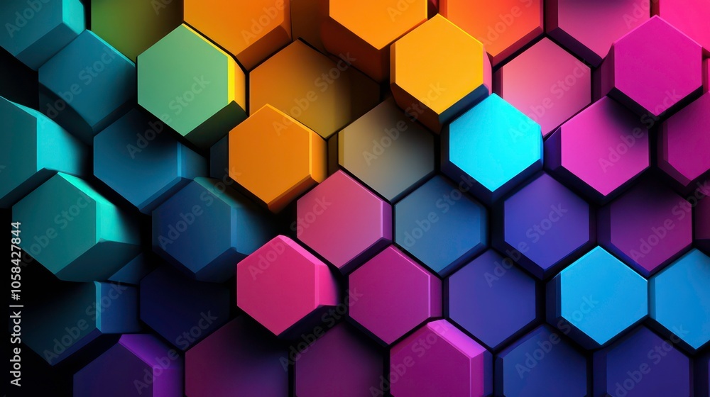 Poster A colorful arrangement of hexagonal shapes creating a vibrant geometric pattern.