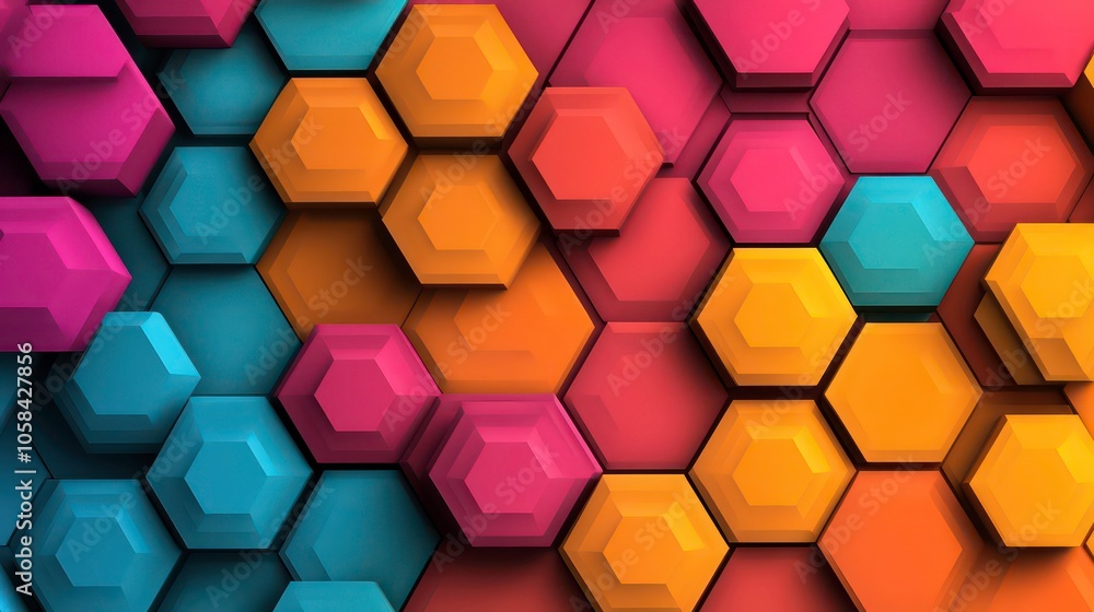 Poster A colorful arrangement of hexagonal shapes creating a vibrant geometric pattern.