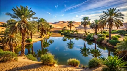 Obraz premium Desert landscape with a small oasis in the distance, surrounded by palm trees and greenery, green spaces, palm trees, botanicals, water sources, lush vegetation