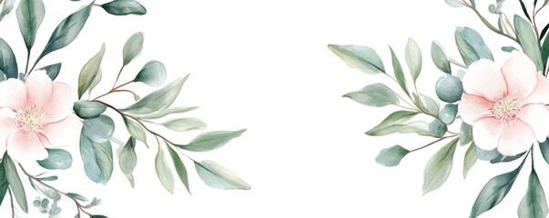 Floral design featuring soft pink flowers and green leaves on a white background.