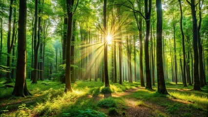 Fototapeta premium Dense forest with tall trees and sunlight filtering through leaves, canopy, nature