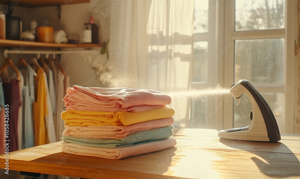Poster A stack of colorful clothes being steamed with a handheld steamer on a wooden table in a bright room with a window.