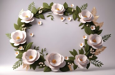 Elegant floral paper art wreath with white roses on soft background
