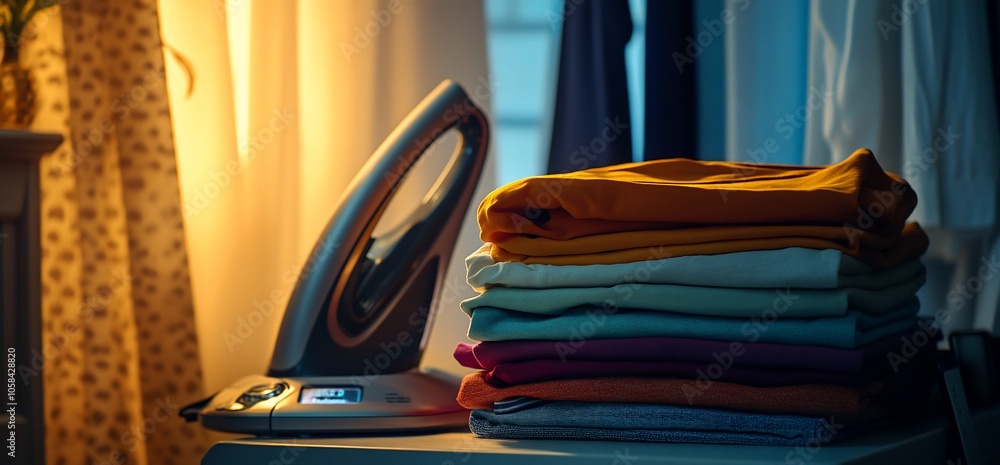Poster A stack of colorful folded clothes, next to a modern iron on a table.