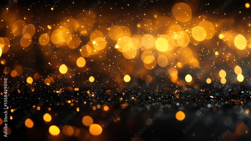 Poster a shimmering background of golden bokeh lights on a dark surface, ideal for festive designs.
