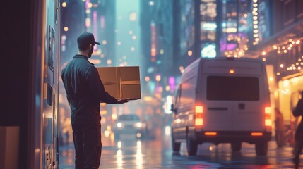 A delivery courier holding a package, standing by a delivery vehicle, prepared to make a delivery. The courier wears a uniform, embodying professionalism and reliability as they handle packages 